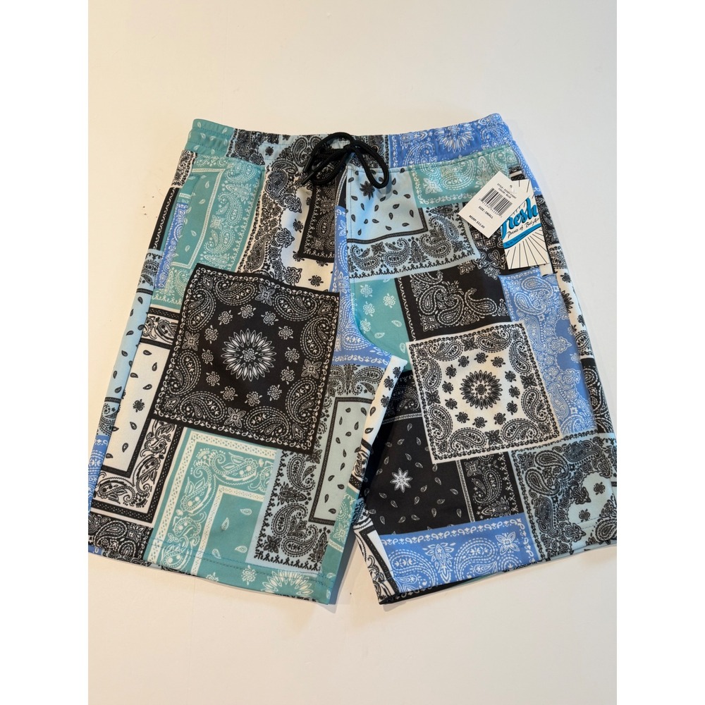 Fresh Prints of Bel-Air Mens Bandana Paisley Patchwork Shorts Blue Teal NWT S